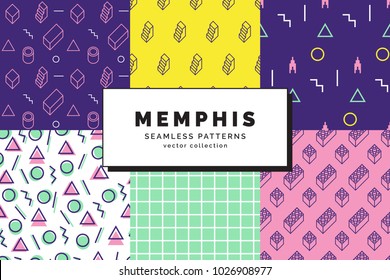 Set of Memphis seamless patterns. Retro fashion style of the 80-90s. Abstract background. Modern wallpaper. Design template for branding, banners, book covers, cards. Vector illustration.