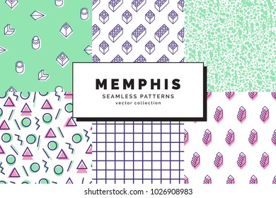 Set of Memphis seamless patterns. Retro fashion style of the 80-90s. Abstract background. Modern wallpaper. Design template for branding, banners, book covers, cards. Vector illustration.