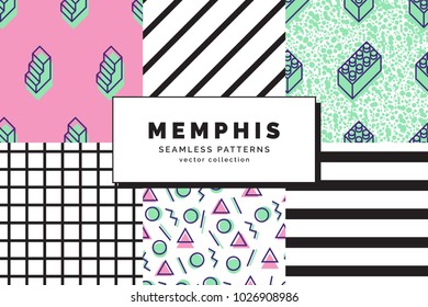 Set of Memphis seamless patterns. Retro fashion style of the 80-90s. Abstract background. Modern wallpaper. Design template for branding, banners, book covers, cards. Vector illustration.