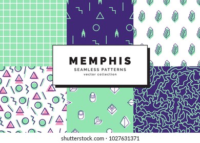 Set of Memphis seamless patterns. Retro fashion style of the 80-90s. Abstract background. Modern wallpaper. Design template for branding, banners, book covers, cards. Vector illustration.