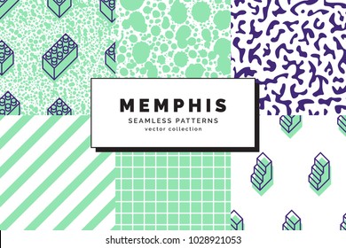 Set of Memphis seamless patterns. Retro fashion style of the 80-90s. Abstract background. Modern wallpaper. Design template for branding, banners, book covers, cards. Vector illustration.