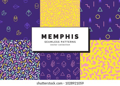 Set of Memphis seamless patterns. Retro fashion style of the 80-90s. Abstract background. Modern wallpaper. Design template for branding, banners, book covers, cards. Vector illustration.