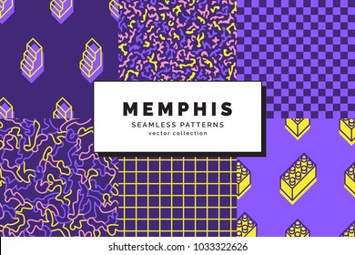Set of Memphis seamless patterns. Retro fashion style of the 80-90s. Abstract background. Modern wallpaper. Design template for branding, banners, book covers, cards. Vector illustration.
