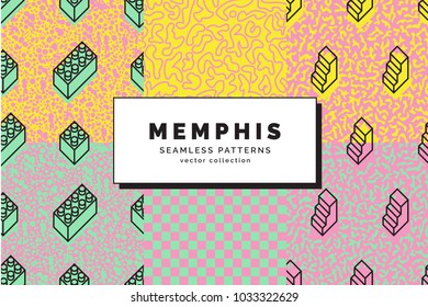 Set of Memphis seamless patterns. Retro fashion style of the 80-90s. Abstract background. Modern wallpaper. Design template for branding, banners, book covers, cards. Vector illustration.
