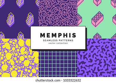 Set of Memphis seamless patterns. Retro fashion style of the 80-90s. Abstract background. Modern wallpaper. Design template for branding, banners, book covers, cards. Vector illustration.