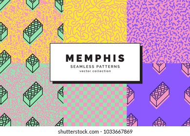 Set of Memphis seamless patterns. Retro fashion style of the 80-90s. Abstract background. Modern wallpaper. Design template for branding, banners, book covers, cards. Vector illustration.