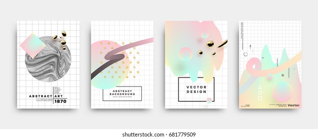 Set of memphis style backgrounds with marble textures, golden glitters and geometric patterns. 80s retro minimalistic style vector illustrations for posters, placards, banners, covers and brochures.