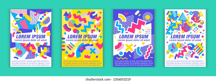 Set of memphis style bright covers. Abstract geometric art for a4 covers, banners, flyers and posters.