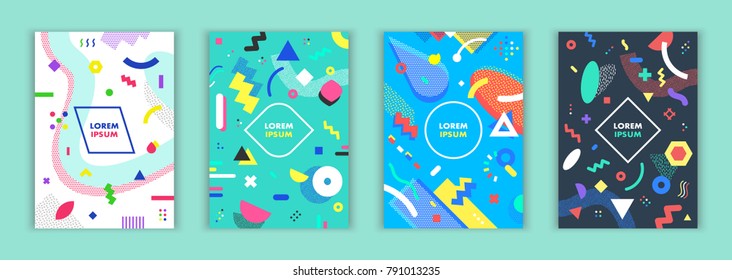 Set of memphis style bright covers. Abstract geometric art for a4 covers, banners, flyers and posters. Eps10