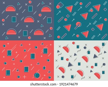 Set of Memphis style covers. Abstract shapes compositions. Geometric vector. Covers templates set with graphic geometric elements.