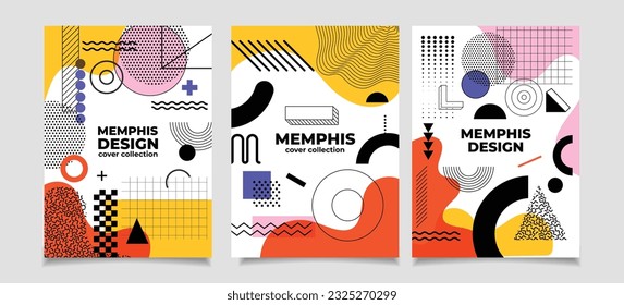 Set of memphis style covers. Collection of cool bright covers. Abstract shapes compositions. Vector.