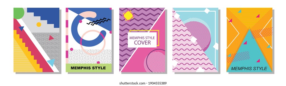 Set of Memphis Style Covers. Flat Vector Illustrations for Background, Brochures, Posters and Banners.