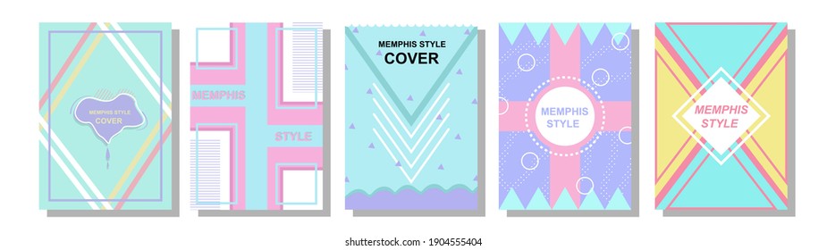Set von Memphis Style Covers. Flache Vektorgrafiken für den Hintergrund, Broschüren, Poster und Banner.