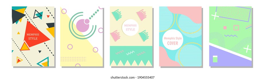 Conjunto de portadas de estilo Memphis. Ilustraciones de vectores planos para fondo, folletos, afiches y pancartas.