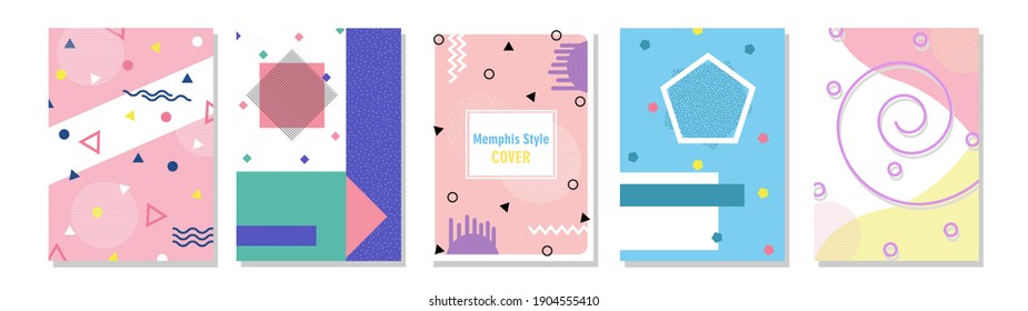 Conjunto de portadas de estilo Memphis. Ilustraciones de vectores planos para fondo, folletos, afiches y pancartas.