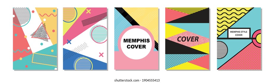 Set of Memphis Style Covers. Flat Vector Illustrations for Background, Brochures, Posters and Banners.