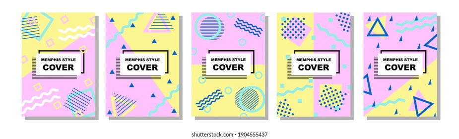 Set von Memphis Style Covers. Flache Vektorgrafiken für den Hintergrund, Broschüren, Poster und Banner.