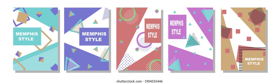Set of Memphis Style Covers. Flat Vector Illustrations for Background, Brochures, Posters and Banners.