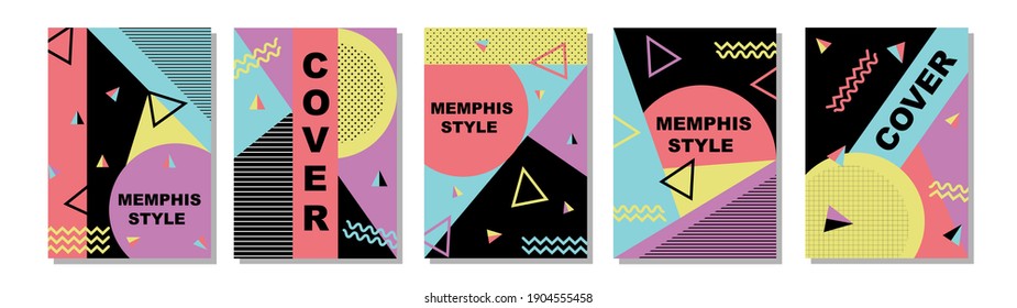 Conjunto de portadas de estilo Memphis. Ilustraciones de vectores planos para fondo, folletos, afiches y pancartas.