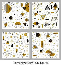 Set memphis style of geometric cards. Vector abstract pattern background, christmas elements.