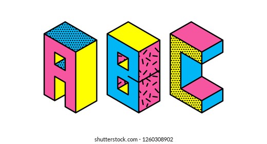 Set of memphis style letters A B C. Cyan magenta yellow letters in the style of the 80s-90s  isolated on white background. Vector.