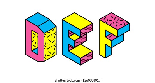 Set of memphis style letters D E F. Cyan magenta yellow letters in the style of the 80s-90s  isolated on white background. Vector.