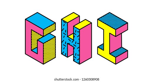 Set of memphis style letters G H I. Cyan magenta yellow letters in the style of the 80s-90s  isolated on white background. Vector.