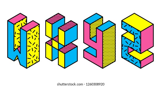 Set of memphis style letters W X Y Z. Cyan magenta yellow letters in the style of the 80s-90s  isolated on white background. Vector.