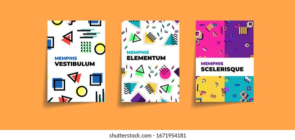 Set of memphis style posters. Abstract elements set. Memphis style card, cover design set. Geometric happy colorful Memphis neo, Modern Pattern Concept Vector. Hipster poster, juicy, bright color.