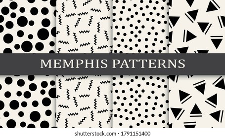 Satz von Memphis-Stilrichtungen nahtlose Muster. Abstraktes grafisches Design-Memphis-Muster. Nahtlose Memphis-Hintergrundmuster.