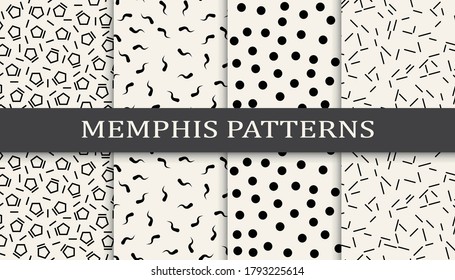 Set of memphis style seamless patterns. Abstract graphic design memphis pattern. Seamless memphis style background pattern.