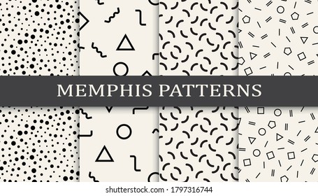 Set of memphis style seamless patterns. Abstract graphic design memphis pattern. Seamless memphis style background pattern.