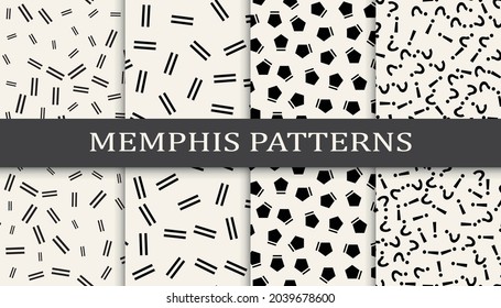 Satz von Memphis-Stilrichtungen nahtlose Muster. Abstraktes grafisches Design-Memphis-Muster. Nahtlose Memphis-Hintergrundmuster.