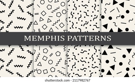 Set of memphis style seamless patterns. Abstract graphic design memphis pattern. Seamless memphis style background pattern.