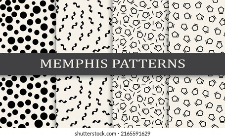 Satz von Memphis-Stilrichtungen nahtlose Muster. Abstraktes grafisches Design-Memphis-Muster. Nahtlose Memphis-Hintergrundmuster.