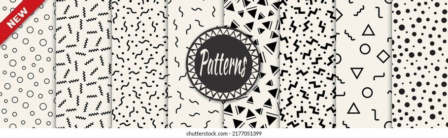 Set of memphis style seamless patterns. Abstract graphic design memphis pattern. Seamless memphis style background pattern.