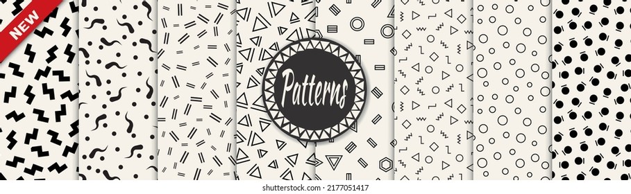 Set of memphis style seamless patterns. Abstract graphic design memphis pattern. Seamless memphis style background pattern.