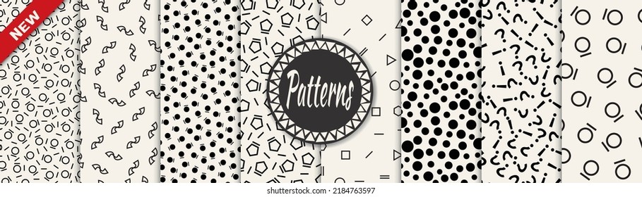 Set of memphis style seamless patterns. Abstract graphic design memphis pattern. Seamless memphis style background pattern.