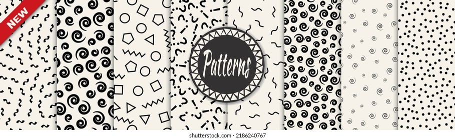 Set of memphis style seamless patterns. Abstract graphic design memphis pattern. Seamless memphis style background pattern.