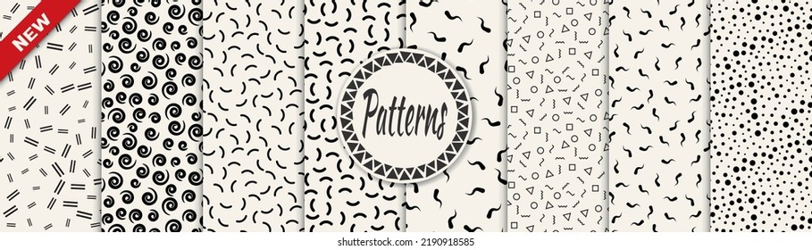 Satz von Memphis-Stilrichtungen nahtlose Muster. Abstraktes grafisches Design-Memphis-Muster. Nahtlose Memphis-Hintergrundmuster.