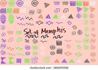 Set of Memphis-style graphic elements. Hand drawn in color and black and white. Vector illustration. For interior design, packaging design.