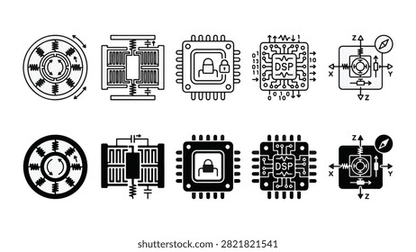 Set of MEMS gyroscope icons featuring comb drive, capacitive sensor, microchip package, dsp processor vector elements