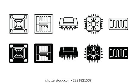Set of MEMS sensor icons featuring micro diaphragm, heater element, chip package, microfluidic channel vector elements