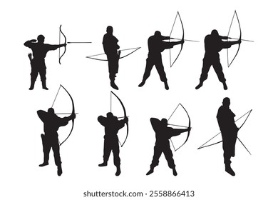 Set of men archer silhouettes with different body poses. isolated on white background. vector illustration.