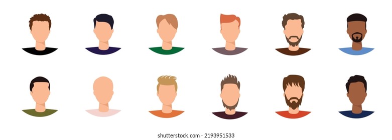 Set of men, avatars, people heads of different ethnicity and age in flat style. Multi nationality social networks people faces collection.