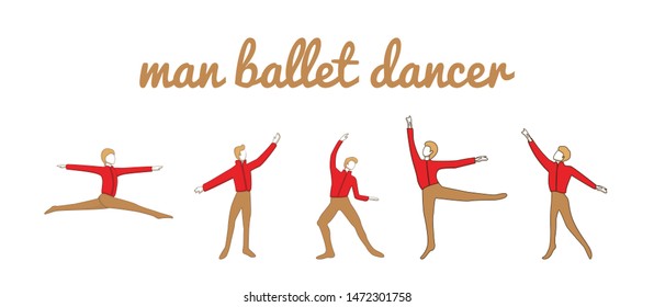 set with men ballet dancers dressed in yellow tights and pointe making  dance element on the white background