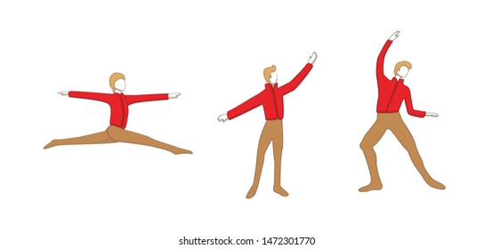 set with men ballet dancers dressed in yellow tights and pointe making  dance element on the white background