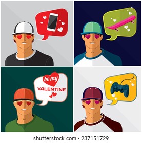 set of men in baseball cap with thought bubbles 