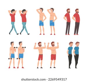 Set of men before and after diet and sport. Unhealthy and healthy sport athletic body. Weight loss concept cartoon vector illustration