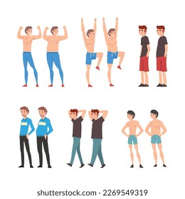 Conjunto de hombres antes y después de la dieta y el deporte. Personajes masculinos delgados y grasos. Un cuerpo deportivo sano y poco saludable. Caricatura del concepto de pérdida de peso